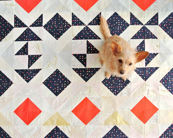 pictured quilt with dog sitting on top
