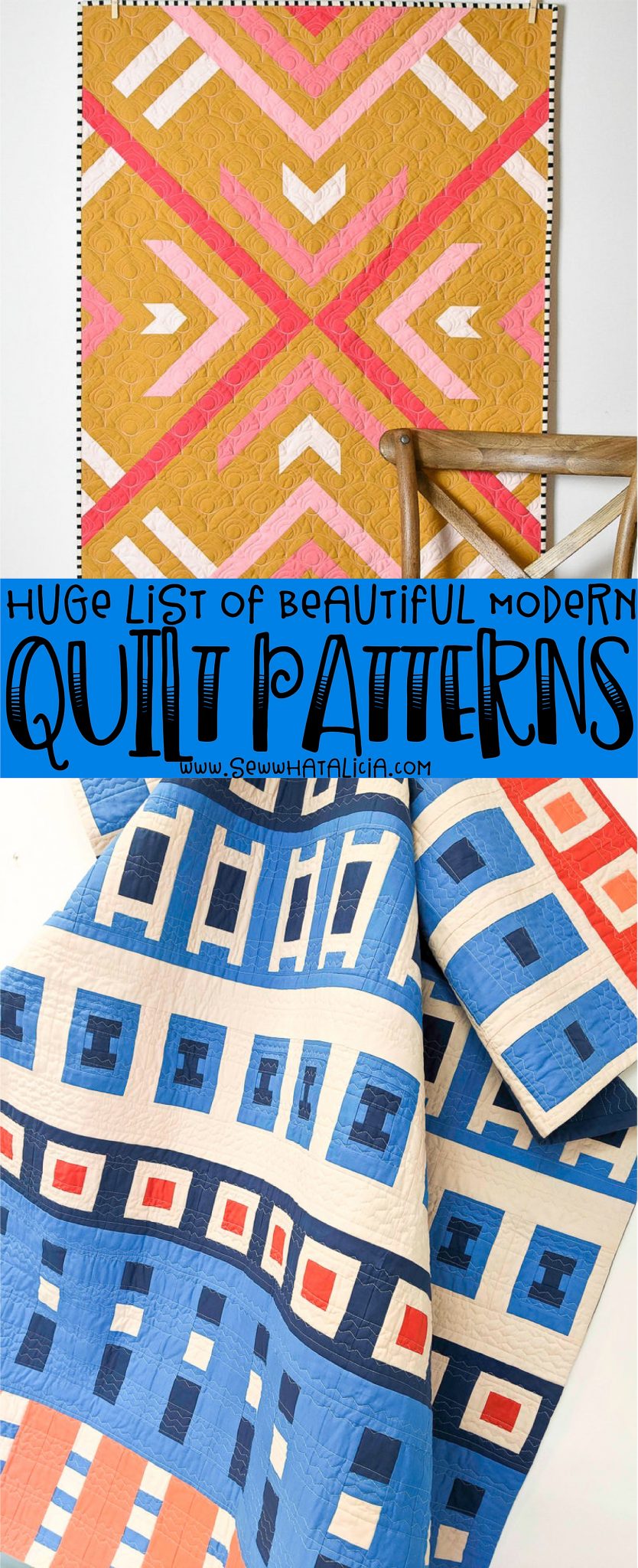 two modern quilts with text overlay reading beautiful modern quilt patterns