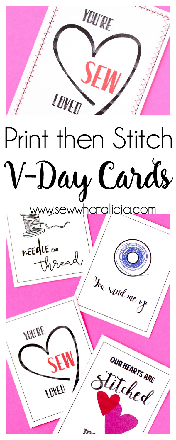 Print then Stitch Valentine's Day Cards: These cards are perfect for practicing stitching for brand new sewists. Learn to sew a straight line while creating some fun sewing themed cards. Click through for the free download and tutorial. | www.sewwhatalicia.com