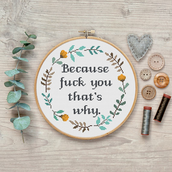 pictured cross stitch in hoop reading because fuck you that's why