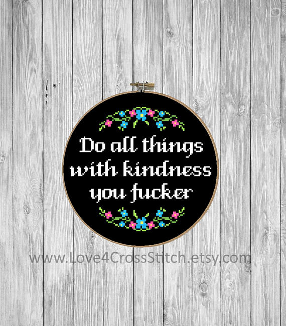 pictured funny cross stitch hoop reading do all things with kindness you fucker