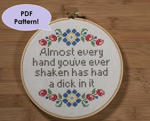 pictured cross stitch with floral embellishments and wording reading almost every dick you've ever shaken has had a dick in it