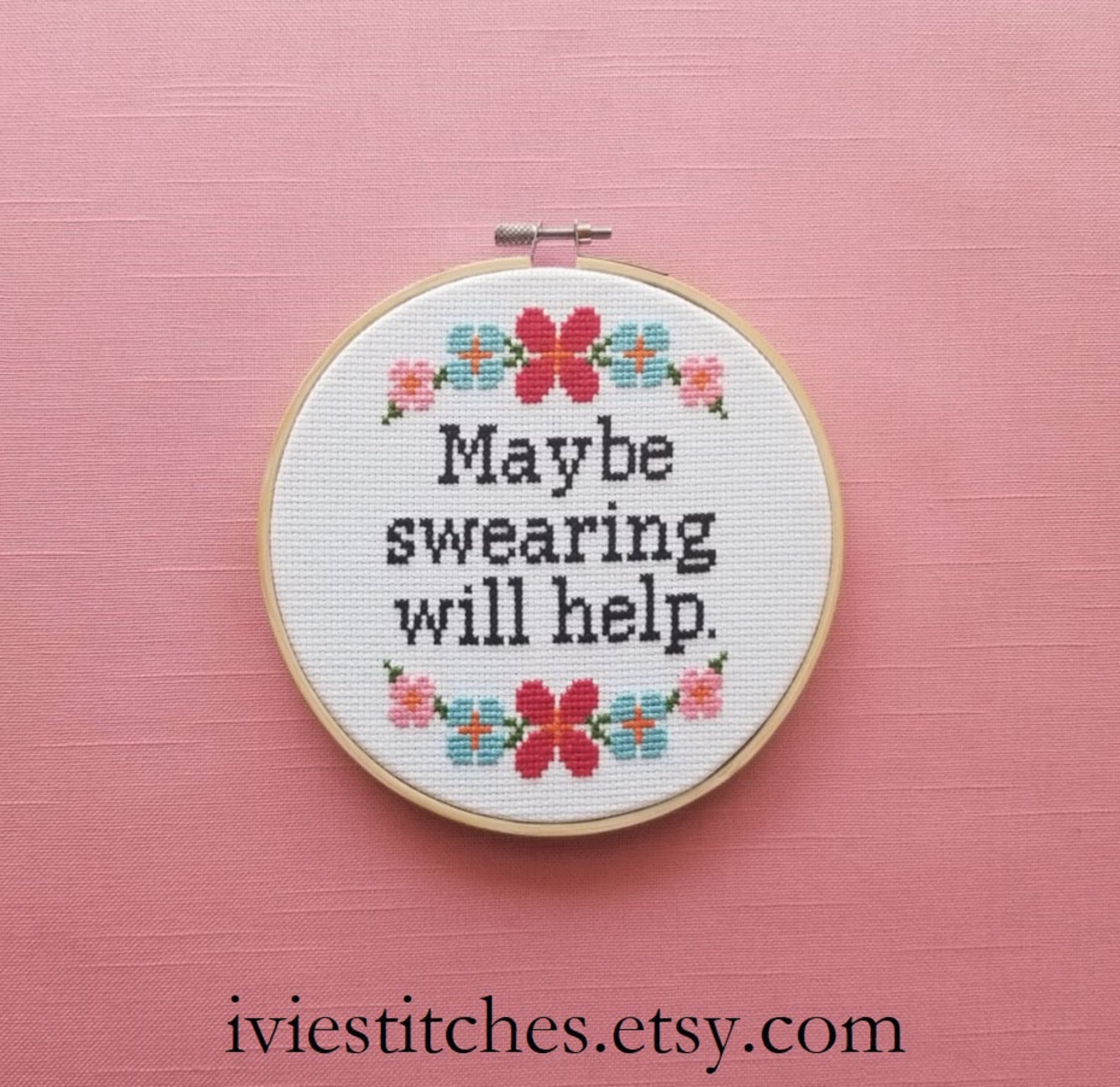 pictured cross stitch with words maybe swearing will help