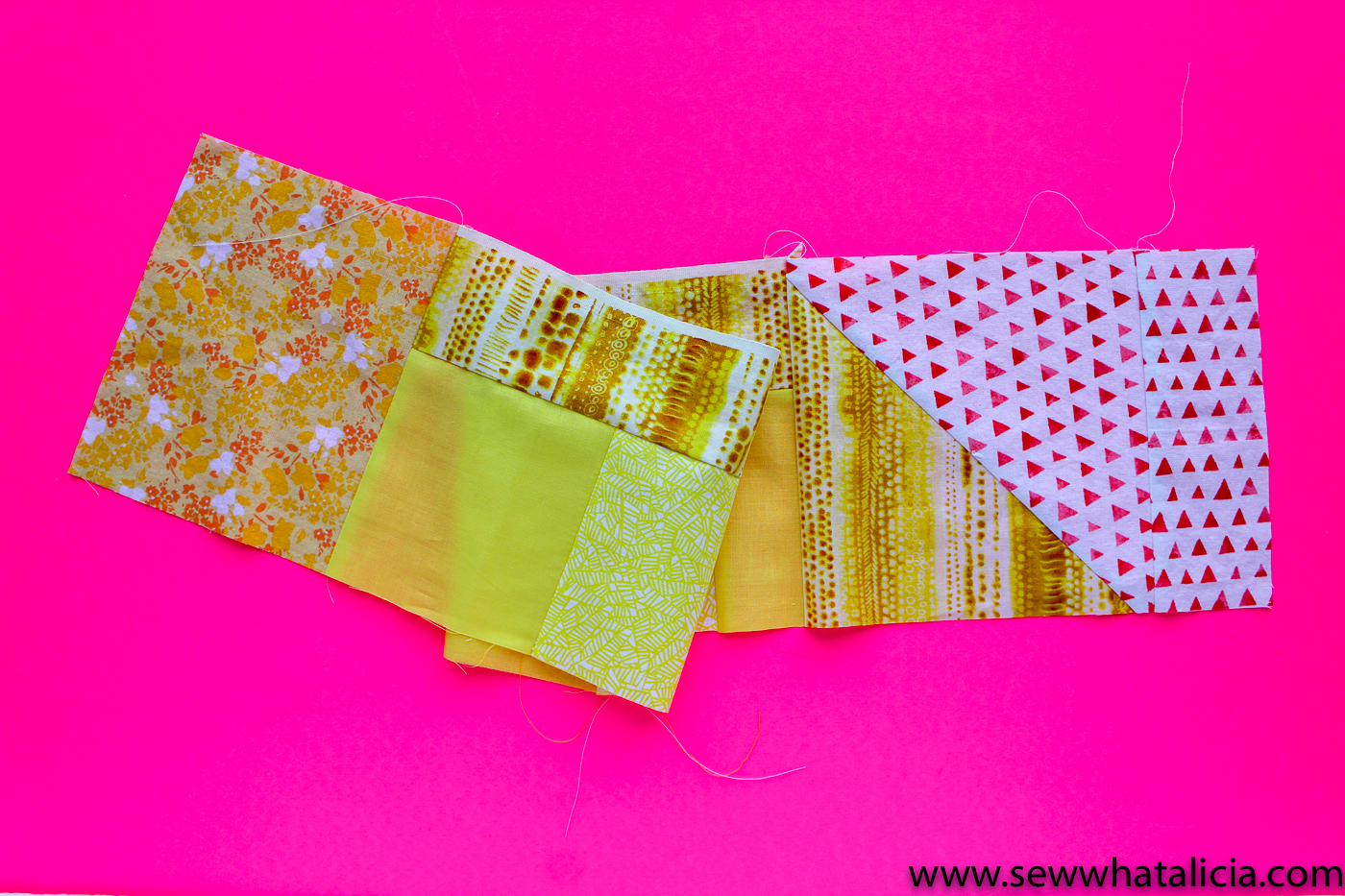 Scrappy Easy Rainbow Quilt Pattern and Tutorial: Pictured long yellow scrappy strip with white square attached. | www.sewwhatalicia.com