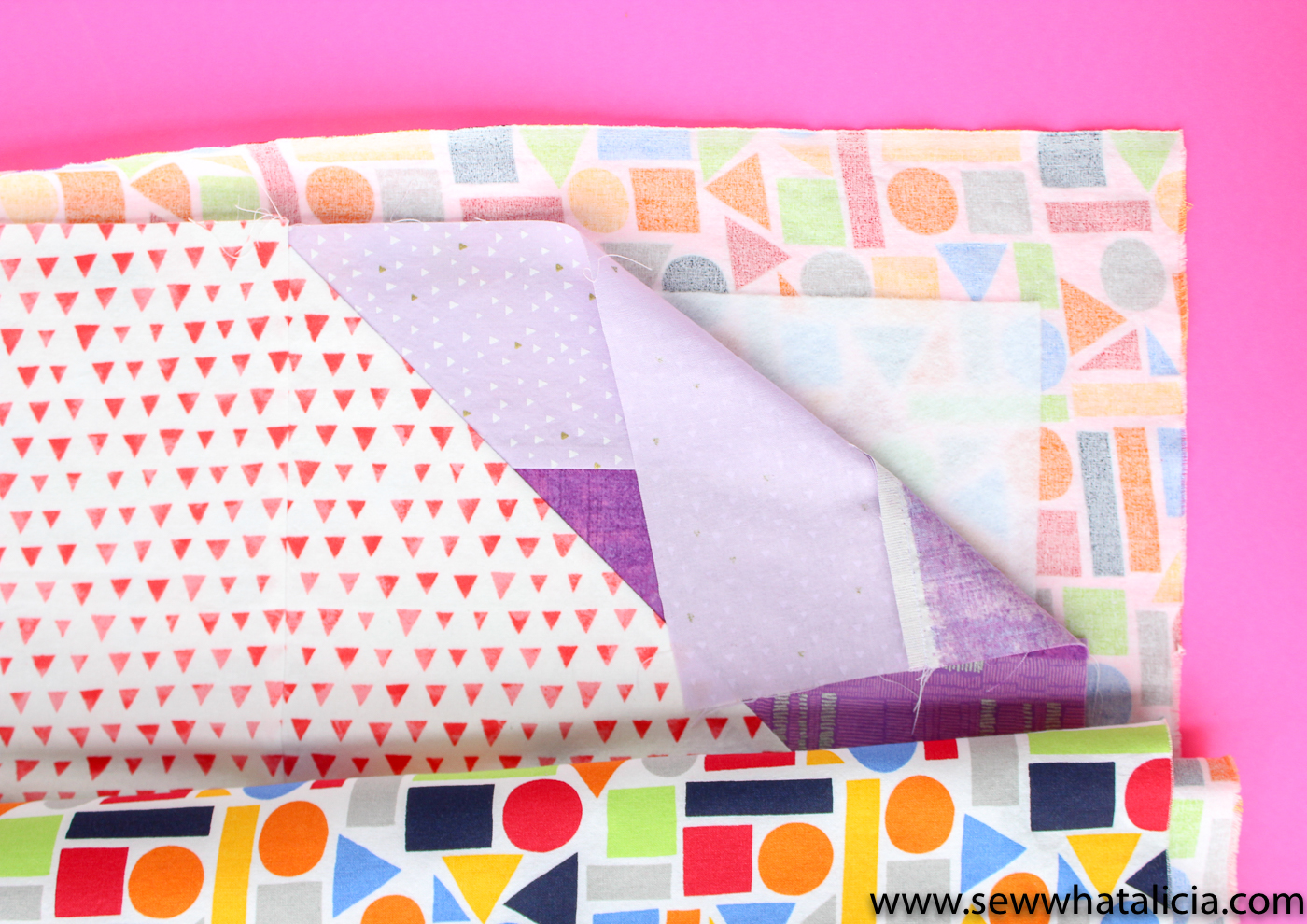 Scrappy Easy Rainbow Quilt Pattern and Tutorial: Pictured, corner of quilt with backing, batting, and front of quilt. | www.sewwhatalicia.com
