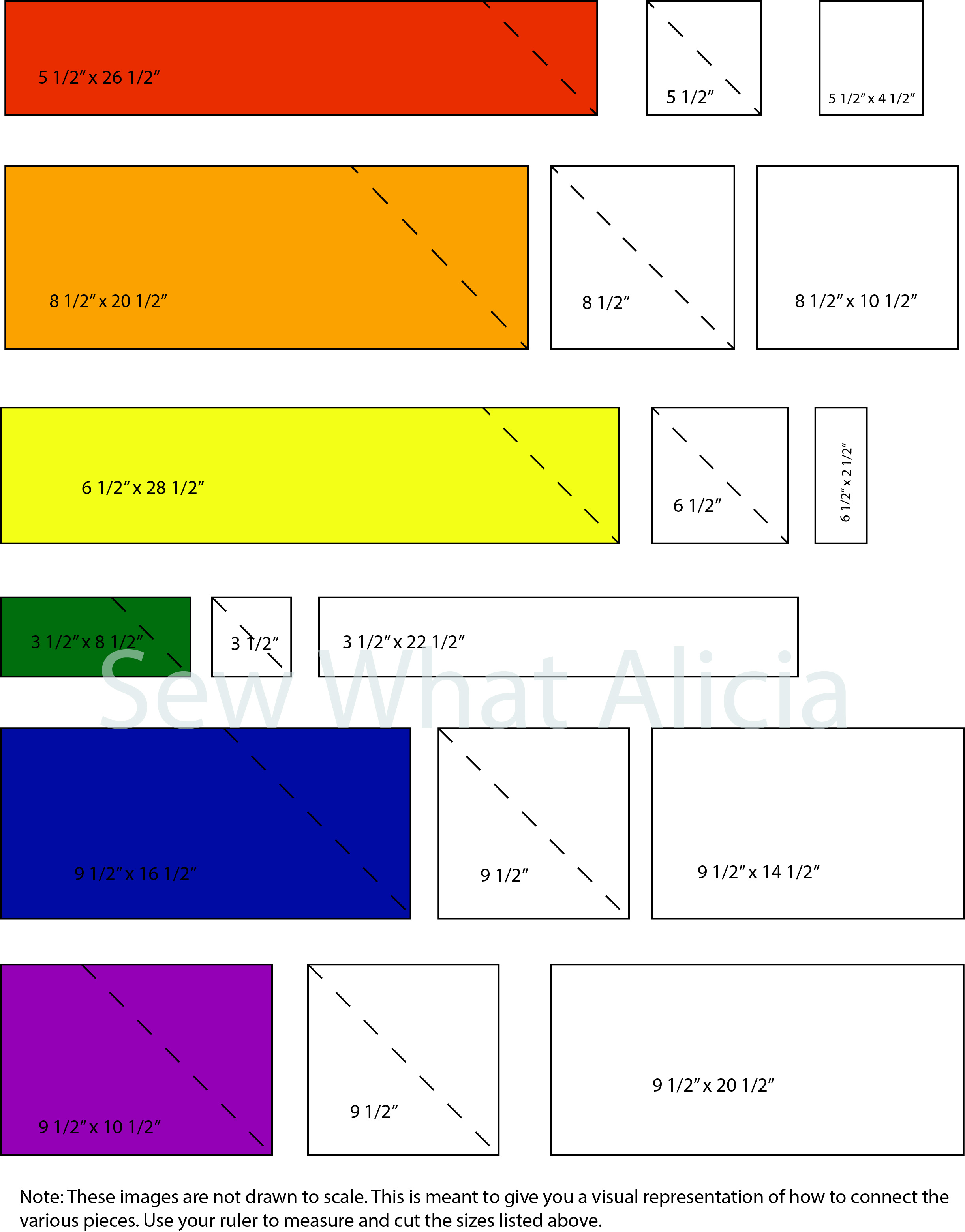 Scrappy Easy Rainbow Quilt Pattern and Tutorial: Pictured various measurements to achieve quilt. | www.sewwhatalicia.com