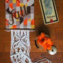 Fall Quilt Block Door Hanging Tutorial: These fall quilt blocks are fun to use to make. Turn it into a door hanger and add some macrame to finish the look. Click through for the full tutorial. | www.sewwhatalicia.com