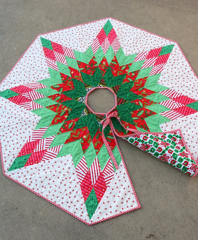 quilted lone star pattern on Christmas tree skirt