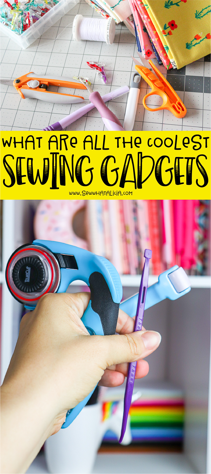 sewing gadgets on cutting board, text overlay reading what are the coolest sewing gadgets, hand holding several sewing tools